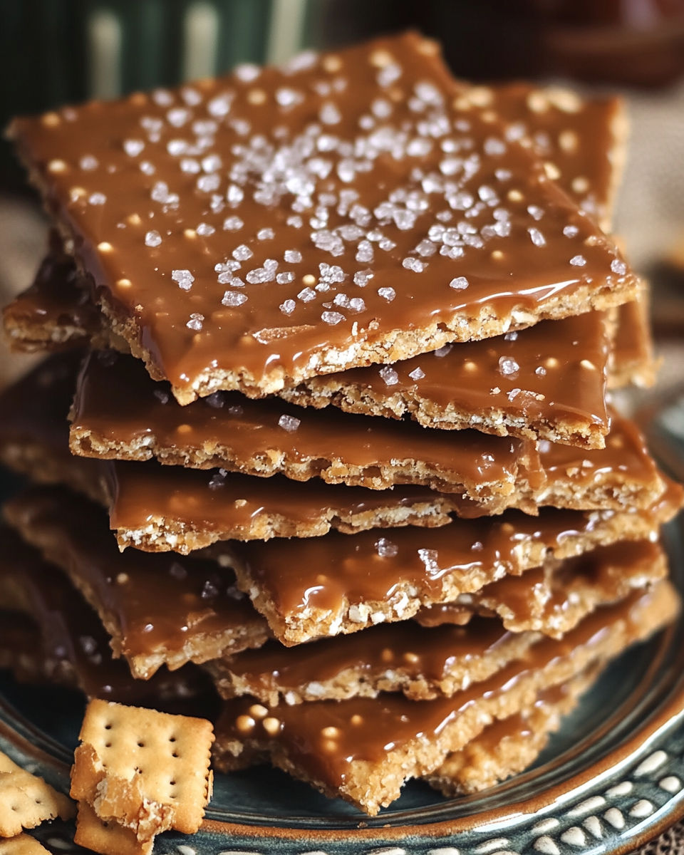 A stack of saltine crackers with toffee sauce on top.