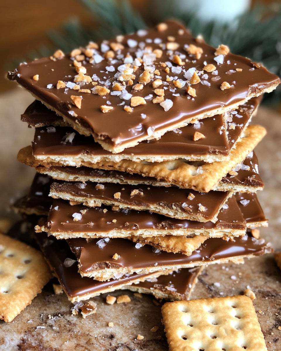 A stack of chocolate covered saltine crackers.
