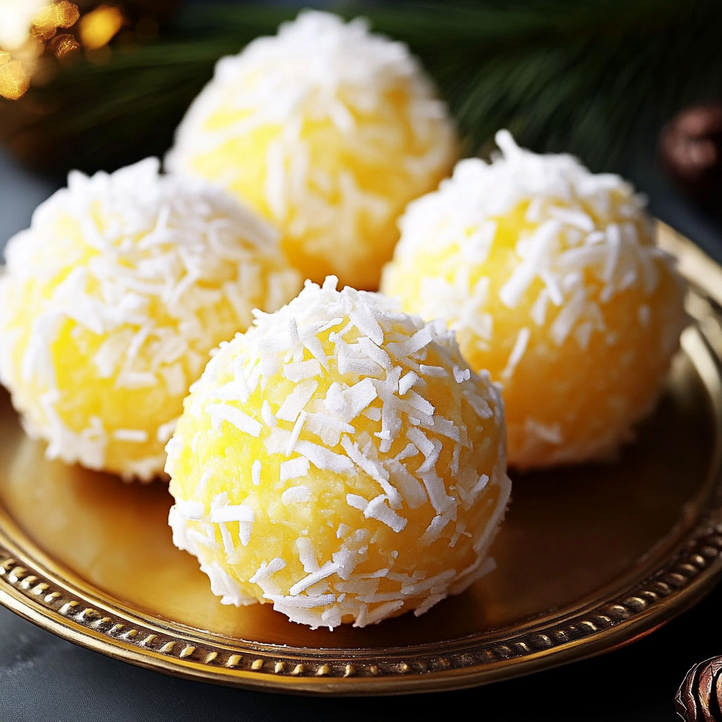 Three pineapple balls on a plate.