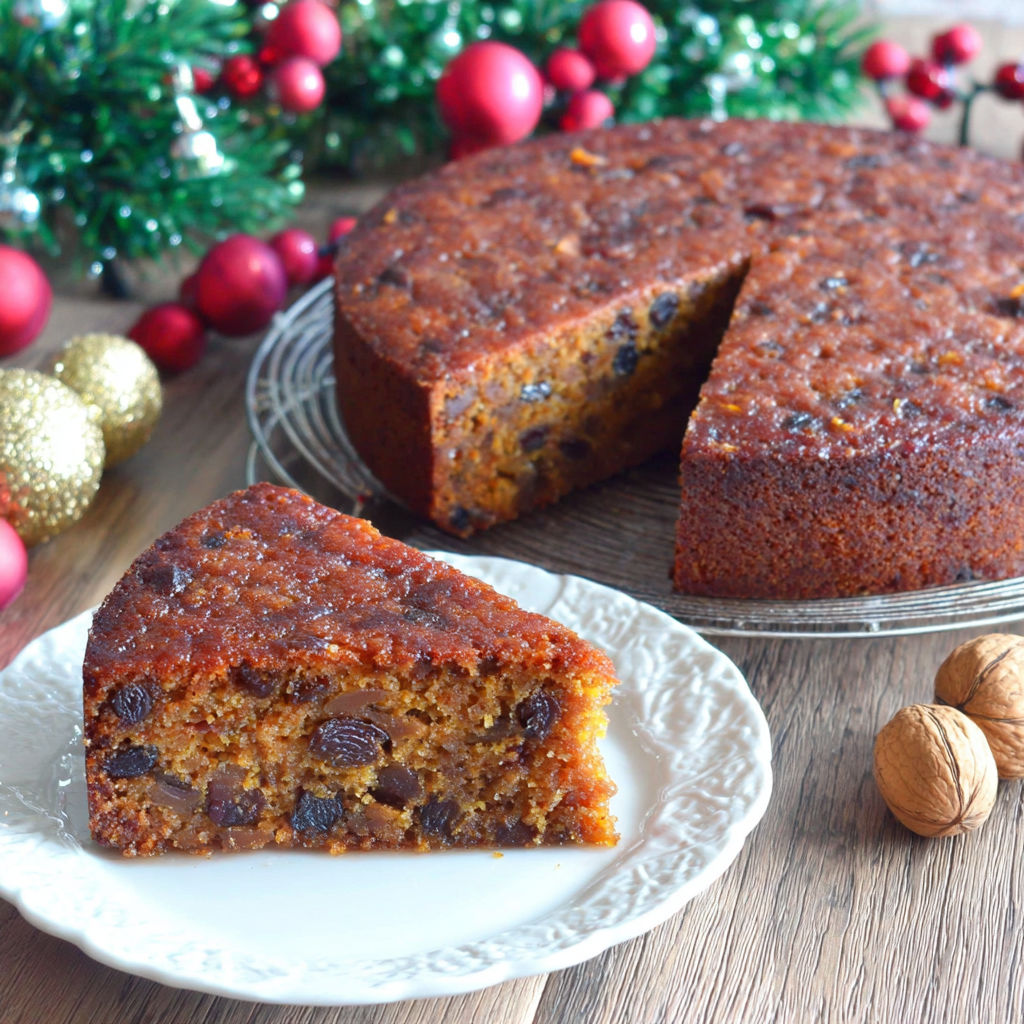 A slice of Amaretto Christmas cake on a plate.