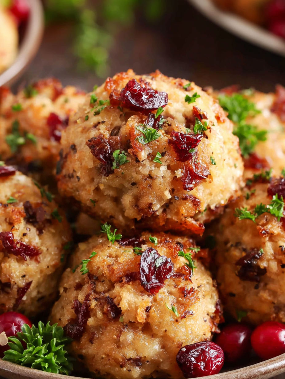 A plate of stuffing balls with cranberries on top.
