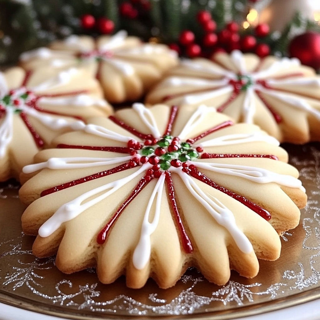 A plate of cookies with white icing and red icing.