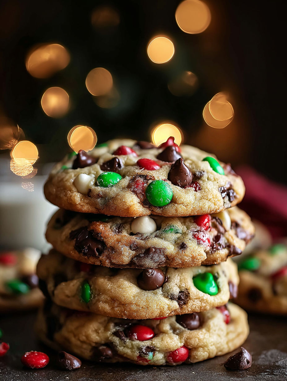 A stack of chocolate chip cookies with green and red sprinkles.