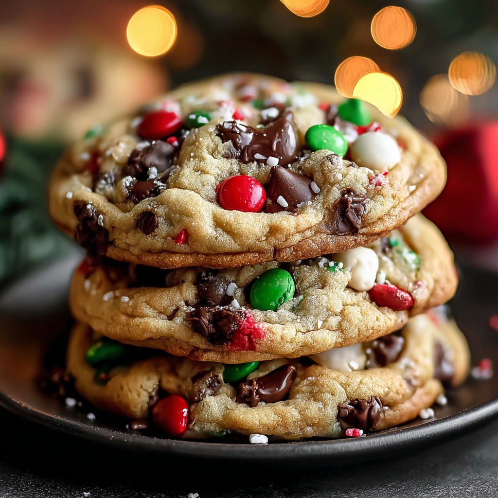 A stack of cookies with chocolate, peppermint, and candy cane toppings.