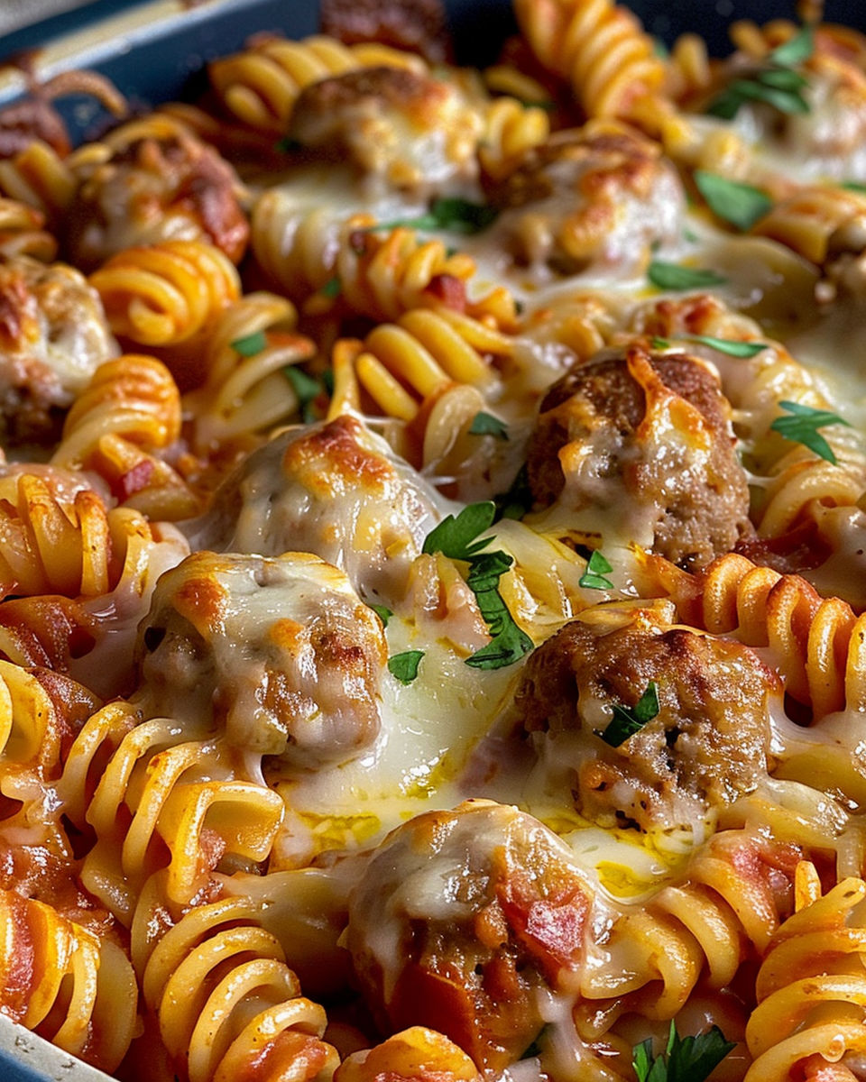 A cheesy meatball rotini with a lot of cheese.