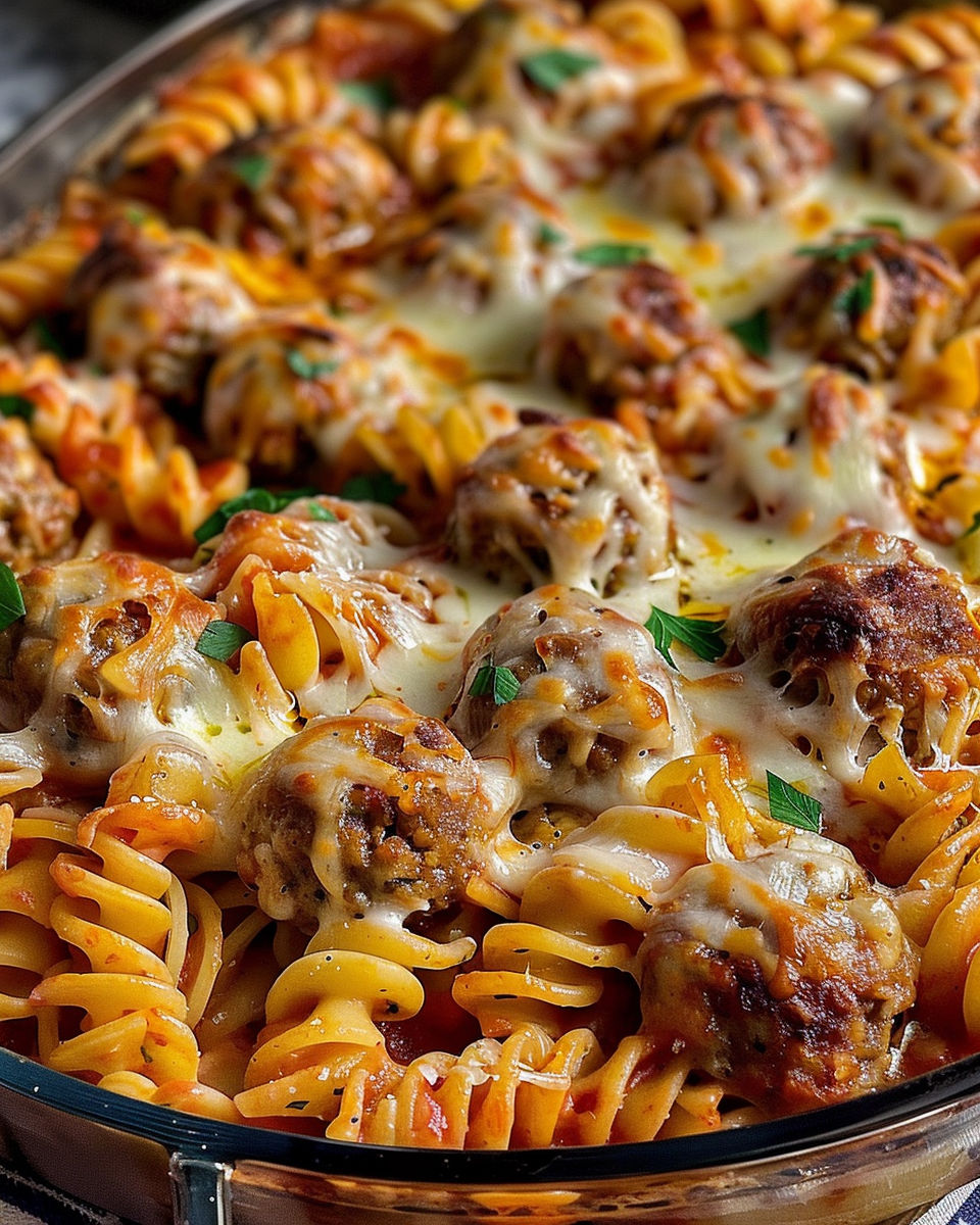 A dish of pasta with meatballs and cheese.