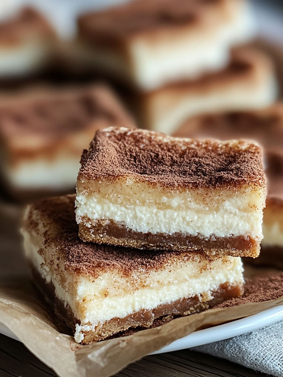 A stack of brownies with white frosting.