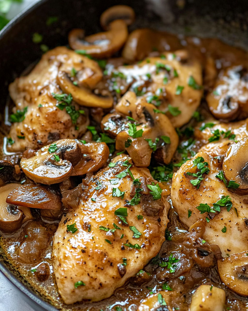 A dish of chicken Marsala with mushrooms.