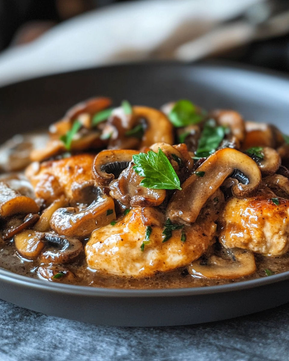 A plate of chicken Marsala with mushrooms.