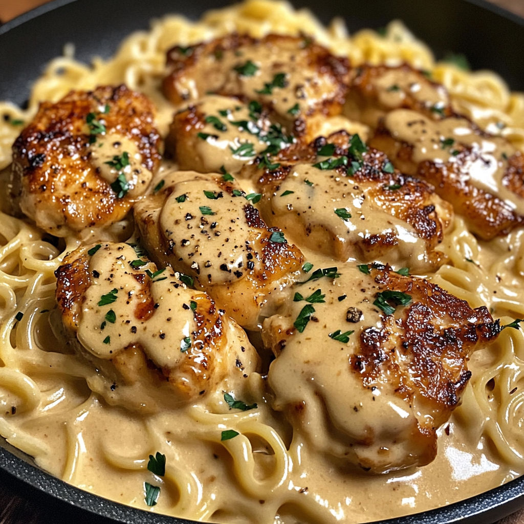 A plate of chicken with creamy garlic butter and noodles.