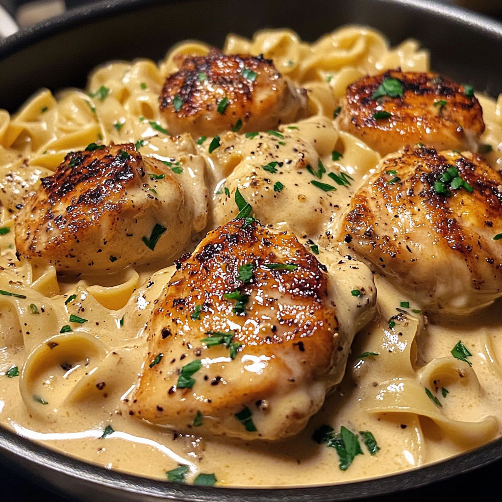 A pan of food with chicken and noodles.
