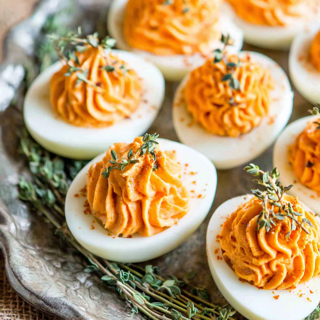 A plate of deviled eggs with orange sauce.