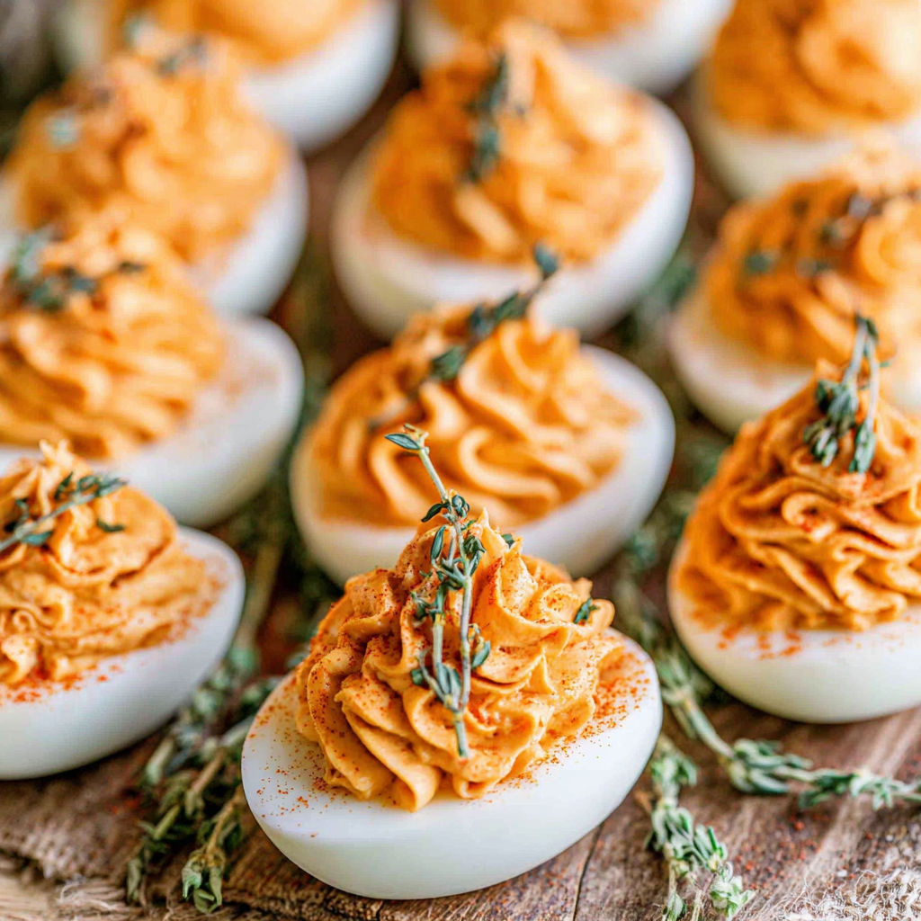 A plate of deviled eggs with orange sauce.