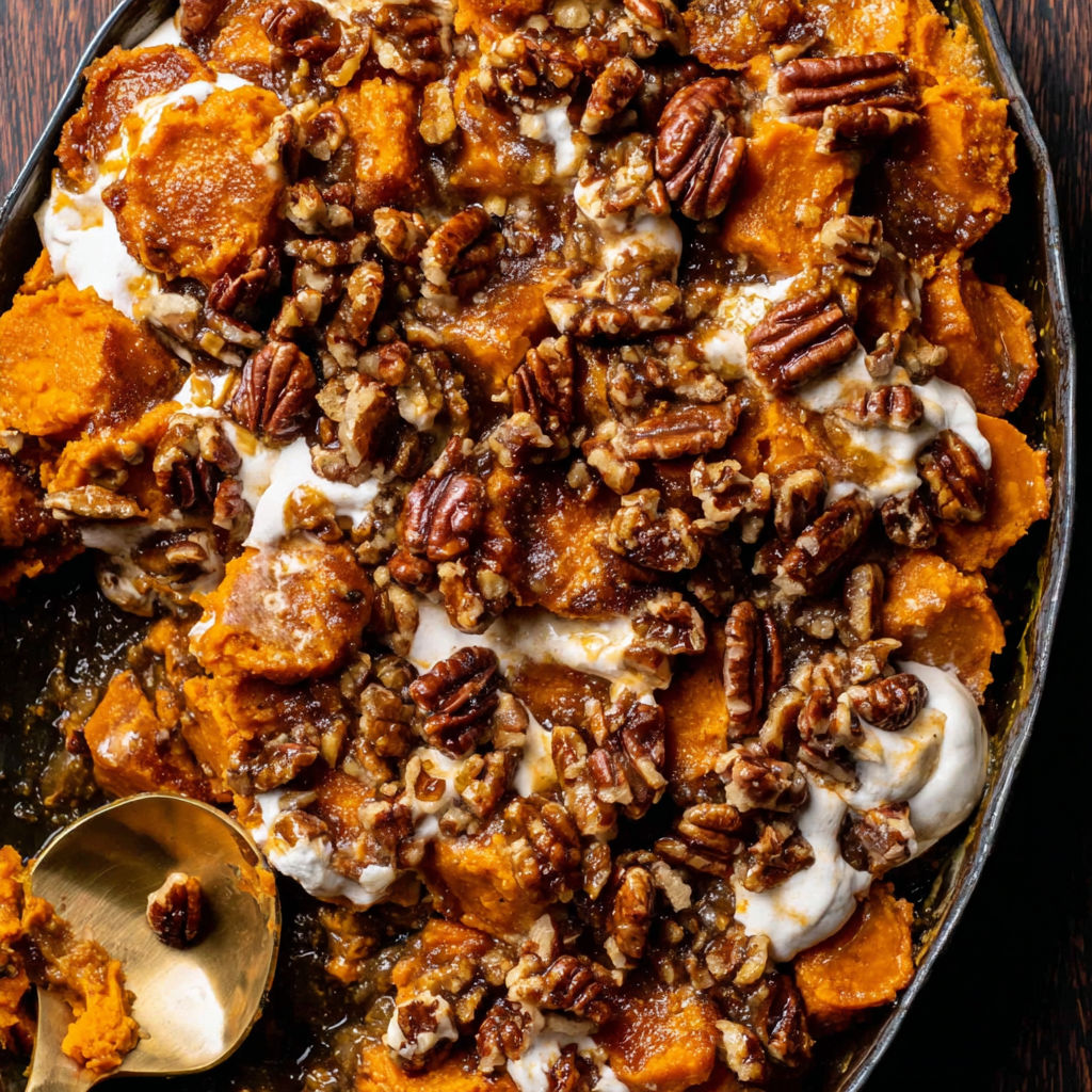A close up of a delicious Southern Maple Sweet Potato Casserole.