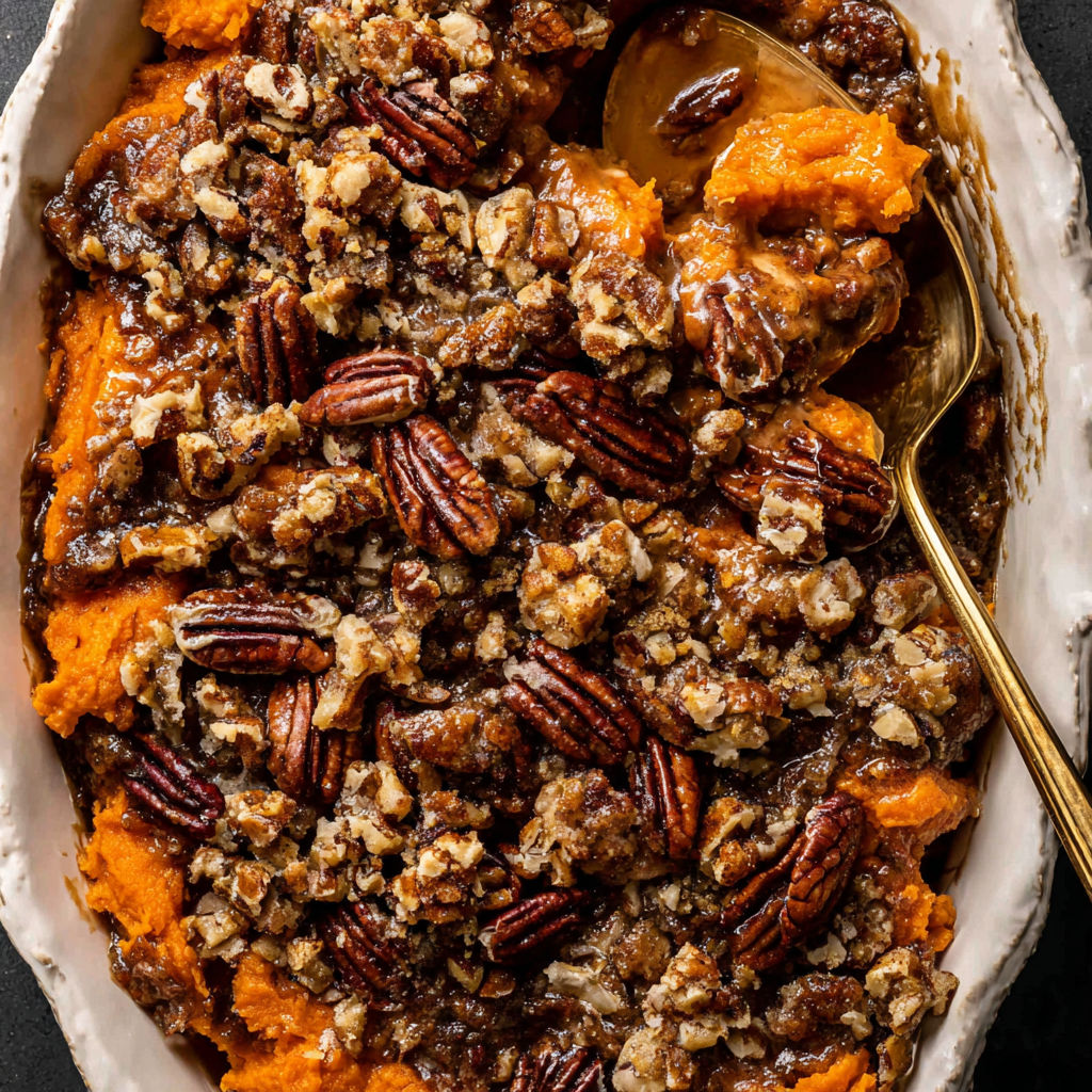 A close up of a delicious Southern Maple Sweet Potato Casserole.