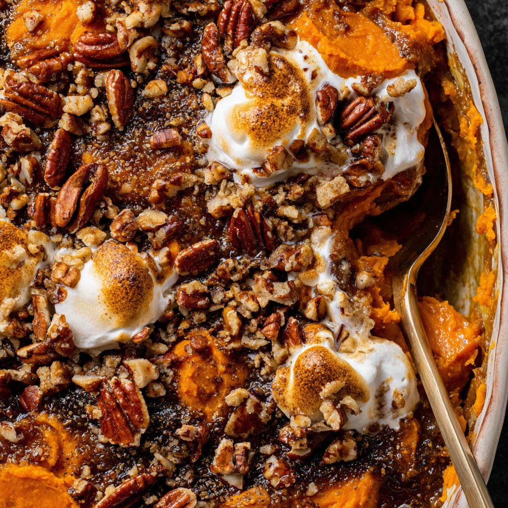 A close up of a delicious Southern Maple Sweet Potato Casserole.