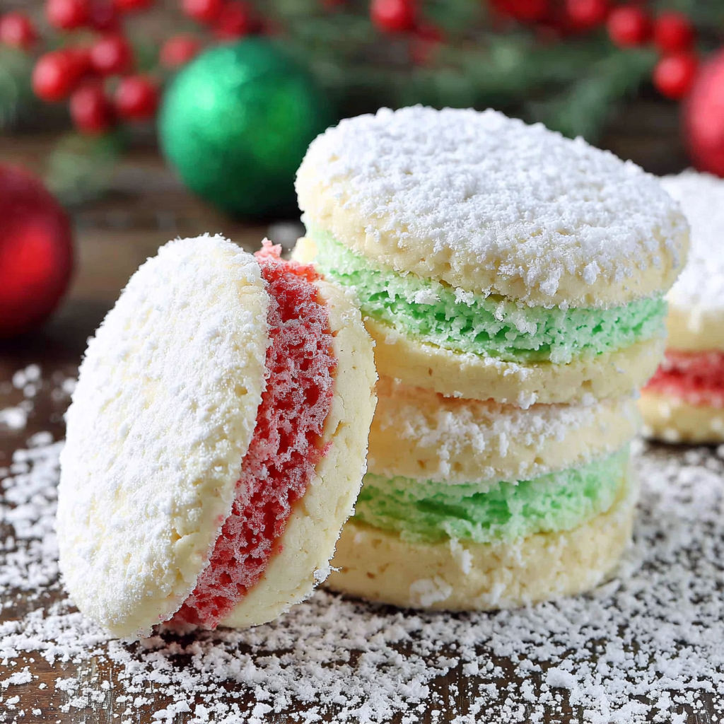 A stack of Christmas shortbread sandwich cookies.