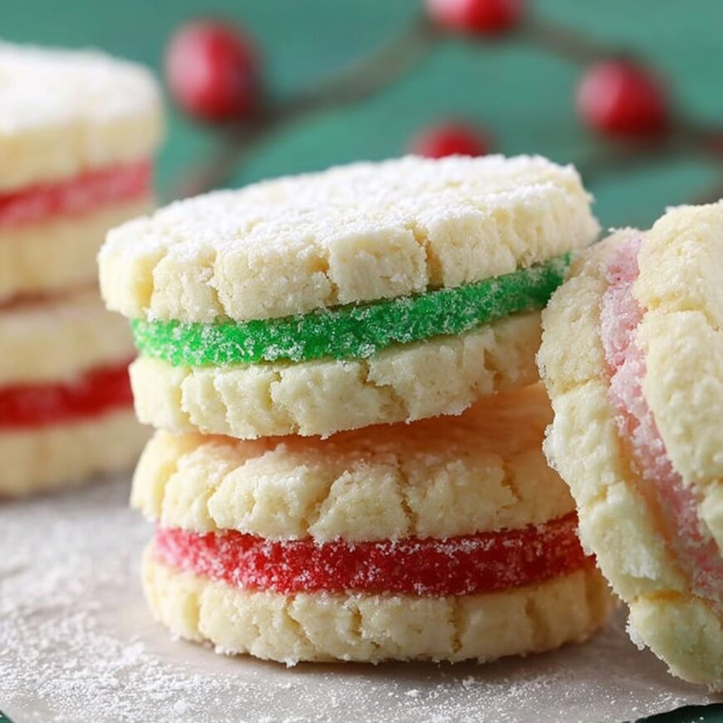 A stack of Christmas shortbread sandwich cookies.
