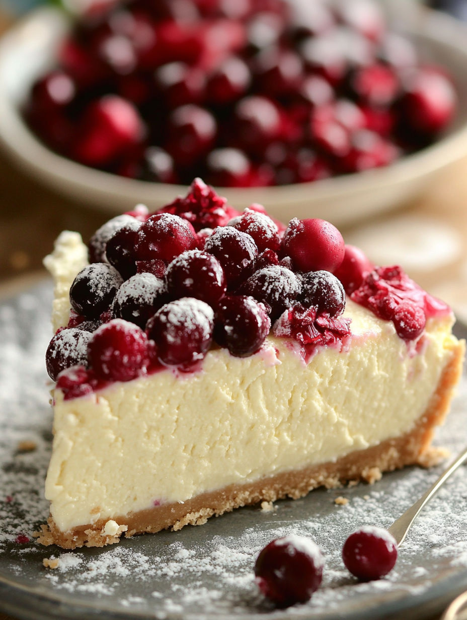A slice of Christmas cheesecake with cranberry jam and white chocolate mousse.