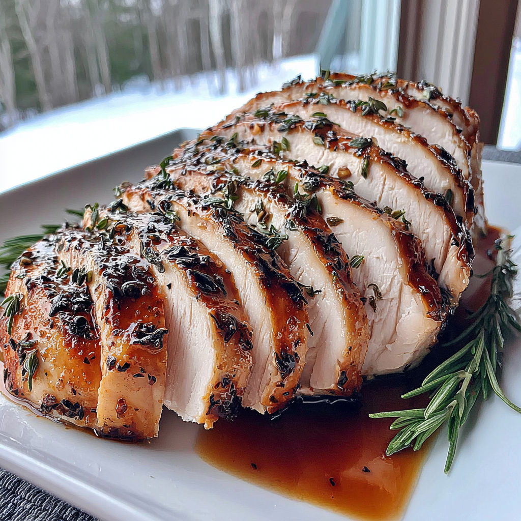 A plate of slow cooker Amish maple turkey breast.