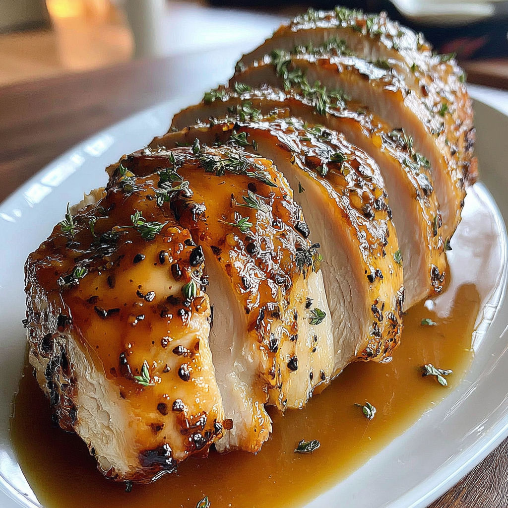 A plate of slow cooker Amish maple turkey breast.