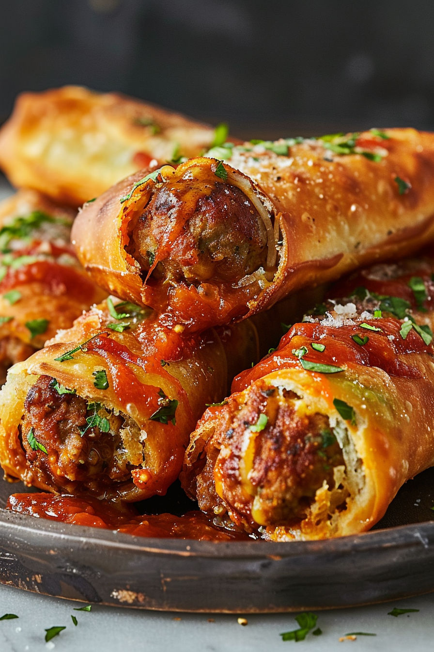 Meatball Sub Egg Rolls on a plate.