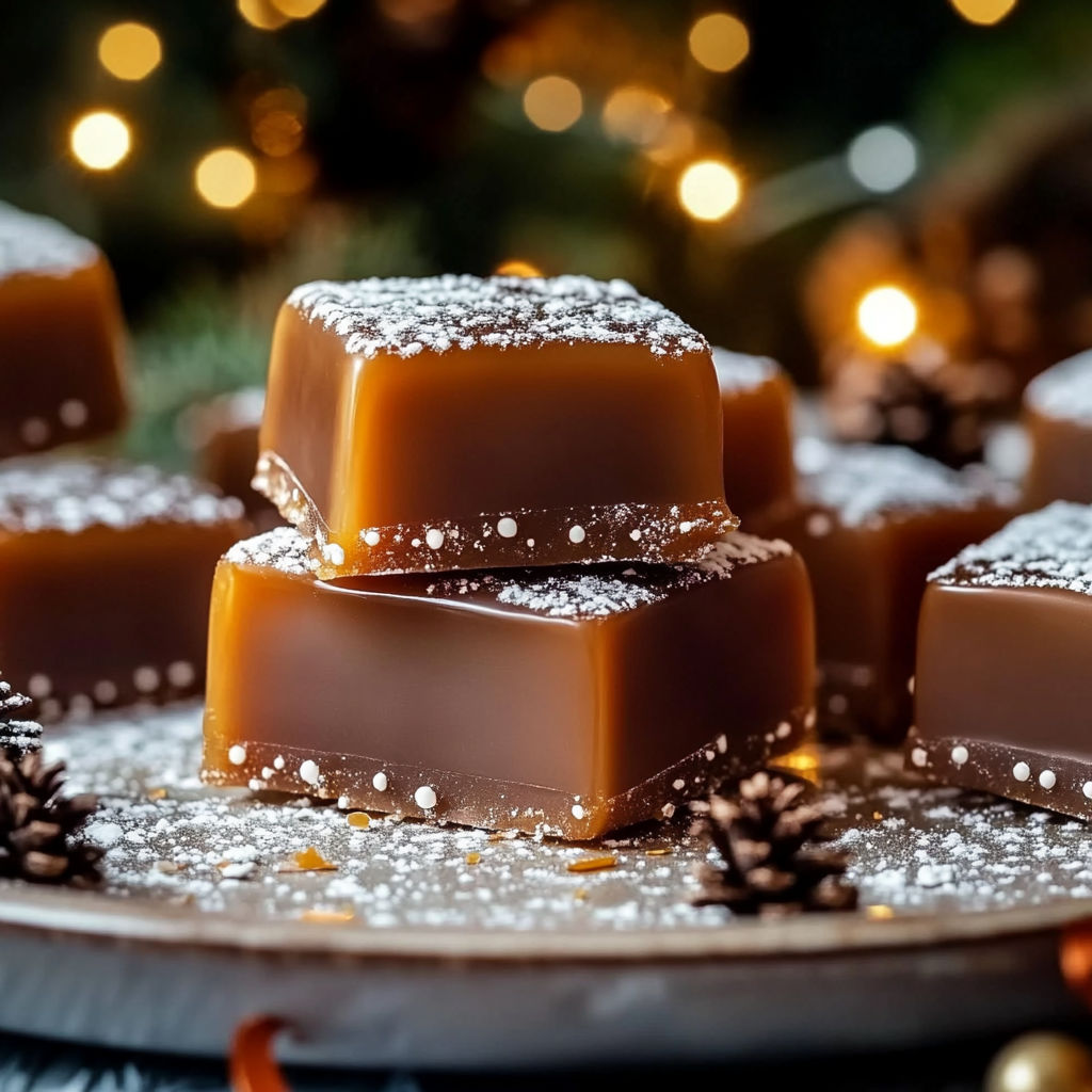 Homemade caramels with powdered sugar on top.