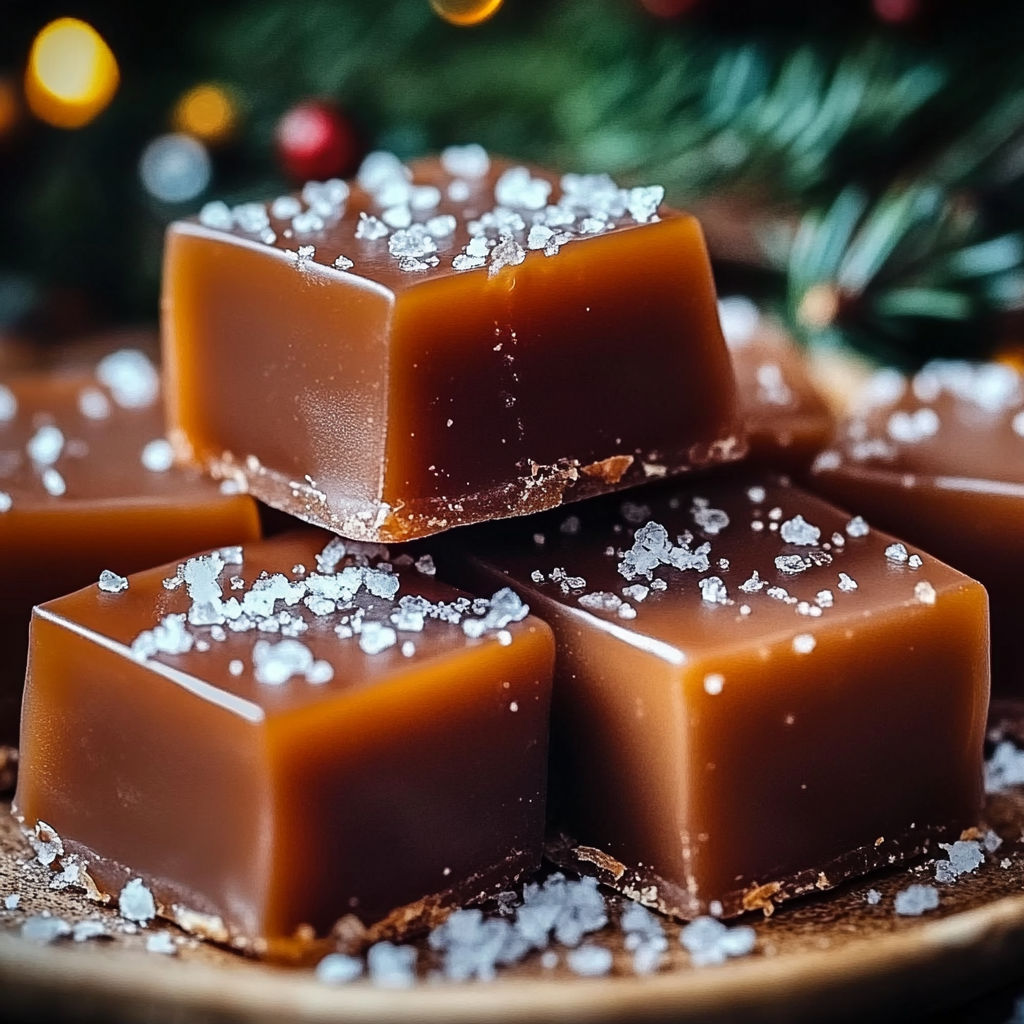 Homemade caramels with a dusting of powdered sugar.