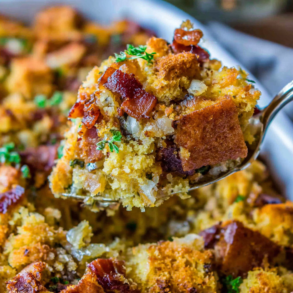 A spoon is being used to scoop up a piece of bacon cornbread stuffing.