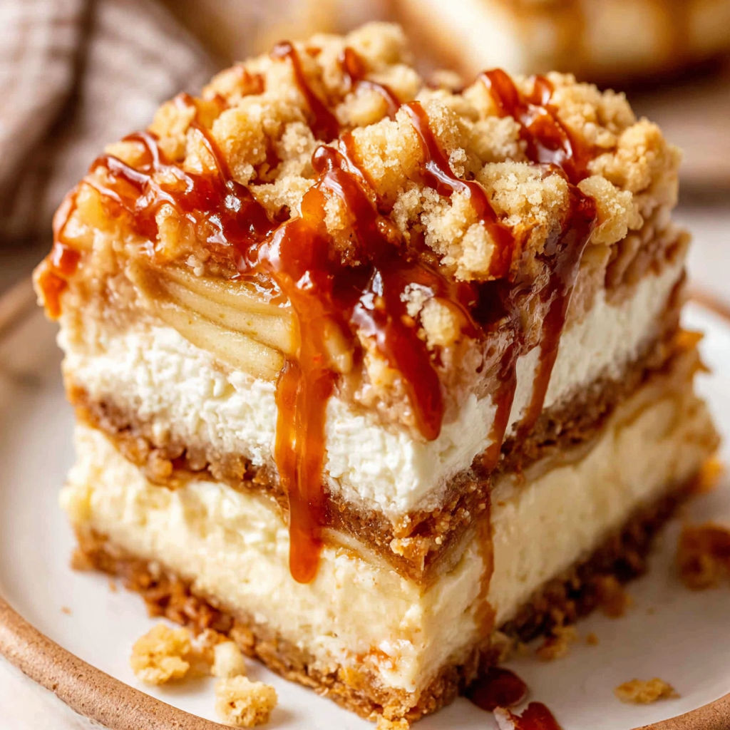 A slice of caramel apple cheesecake bars.