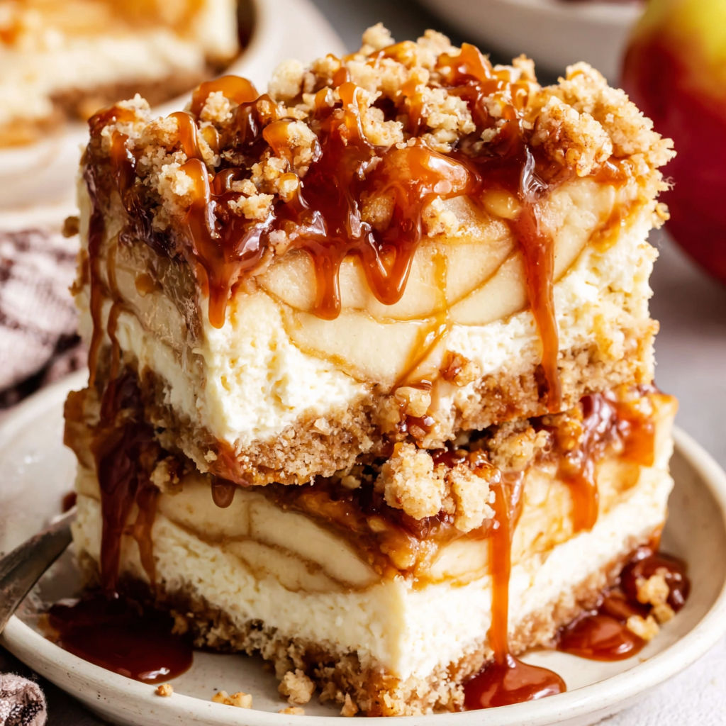 A slice of caramel apple cheesecake bars.