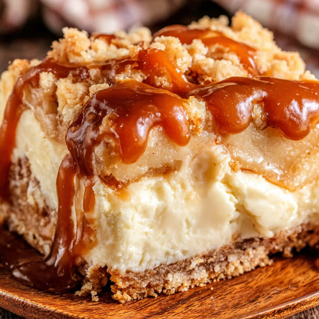 A slice of caramel apple cheesecake bars.
