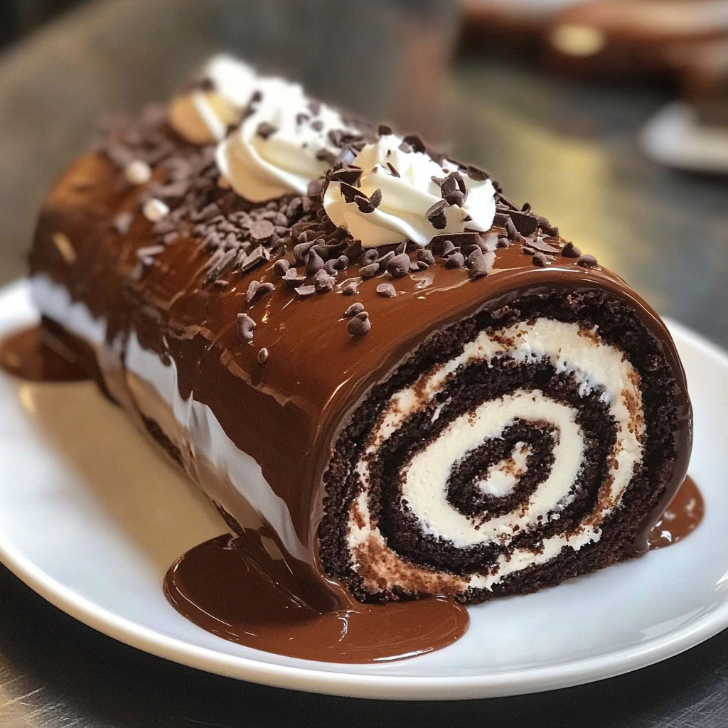 A chocolate cream swiss roll with white frosting.