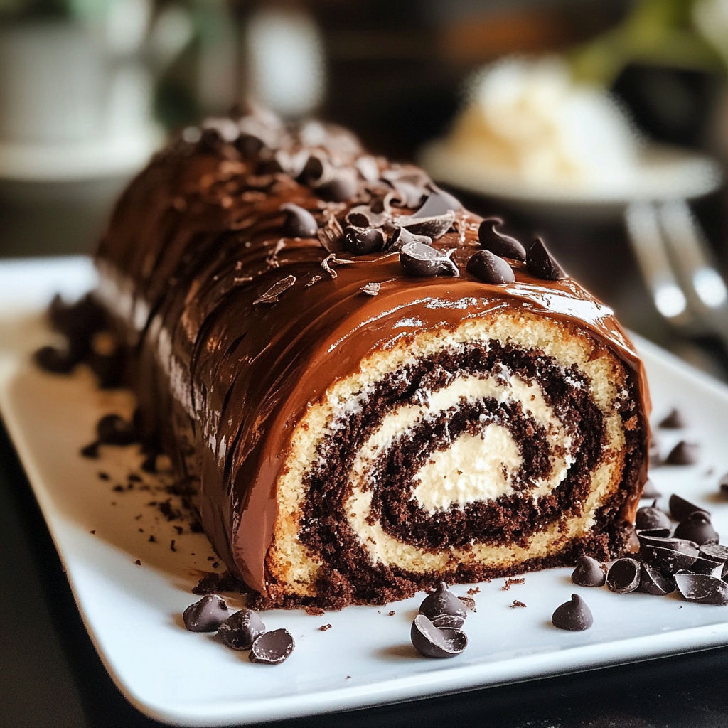 A chocolate cake with chocolate chips on top.