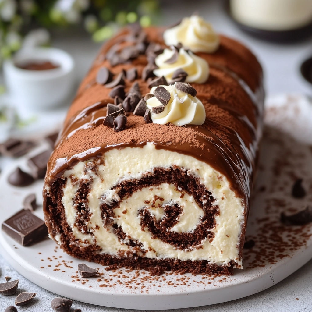 A chocolate cake with white frosting and chocolate chips.
