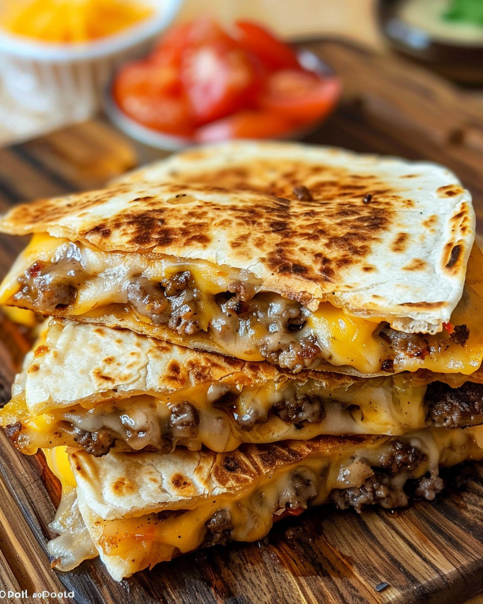 A stack of quesadillas with meat and cheese.
