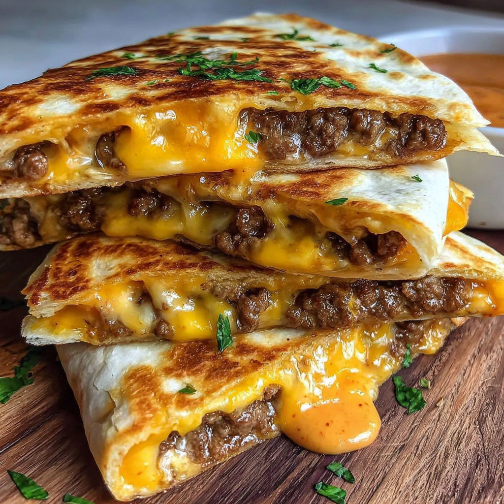 A stack of quesadillas with cheese and bacon.