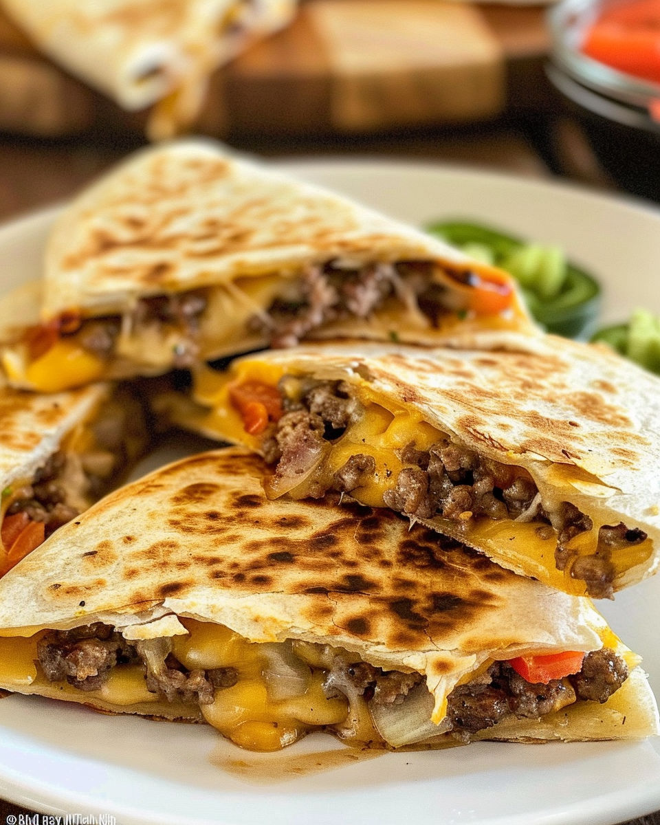 A plate of quesadillas with meat and cheese.