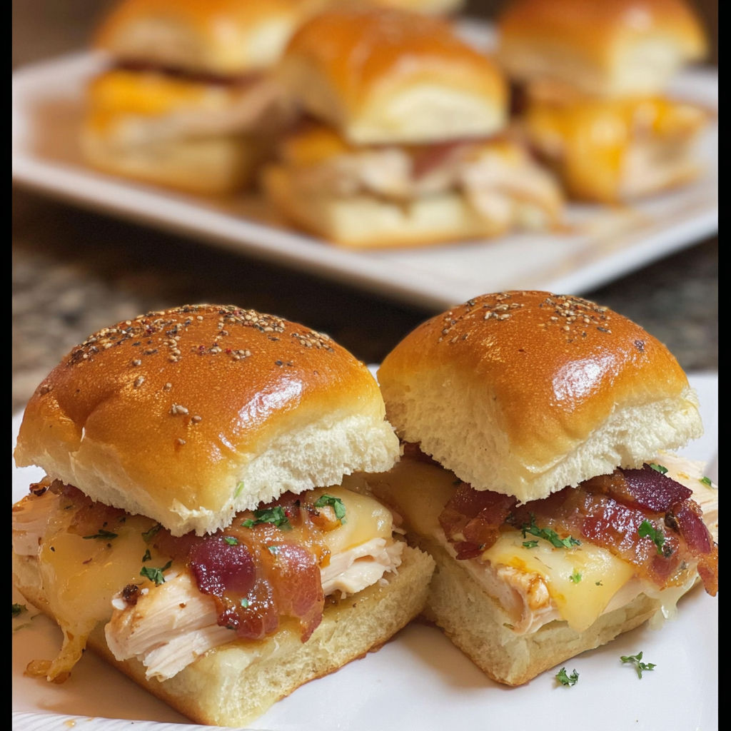 Two sliders with bacon and chicken on a plate.