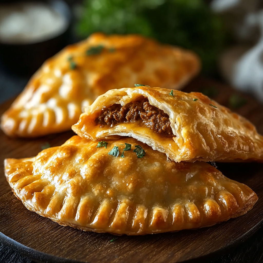 Two beef and cheese empanadas on a wooden table.