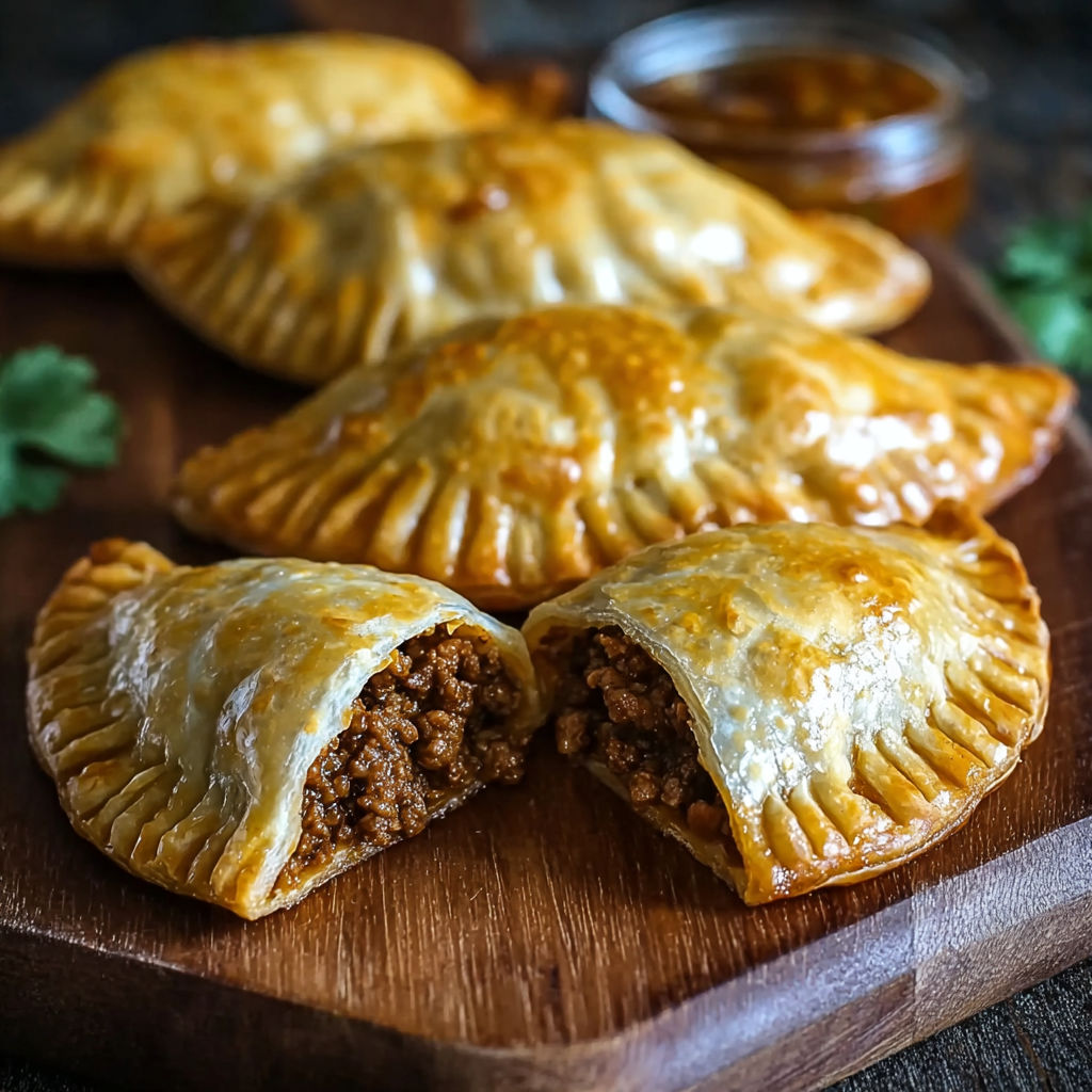 A plate of four meat filled pastries.