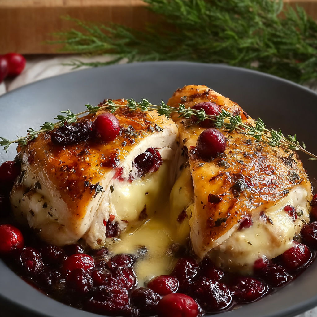 A plate of chicken with cranberries and cheese.