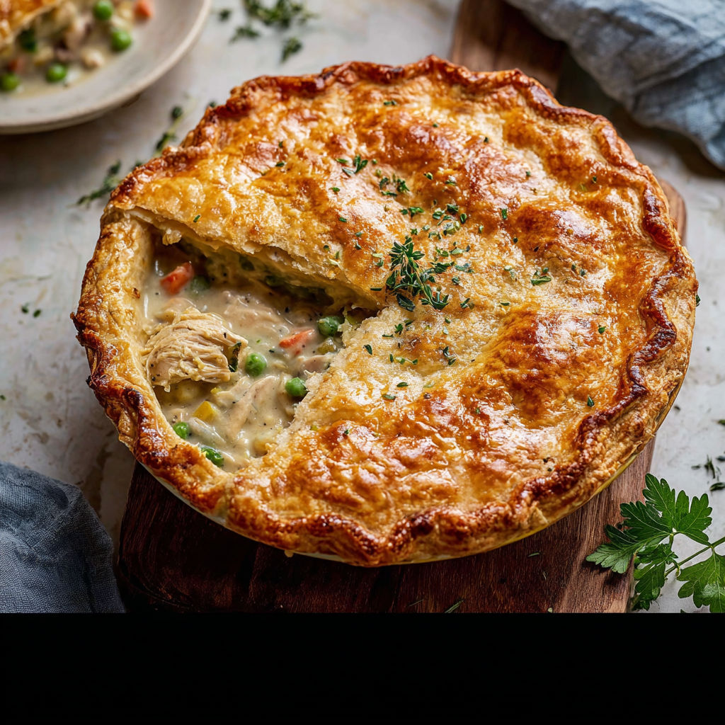A chicken pot pie with a slice taken out.