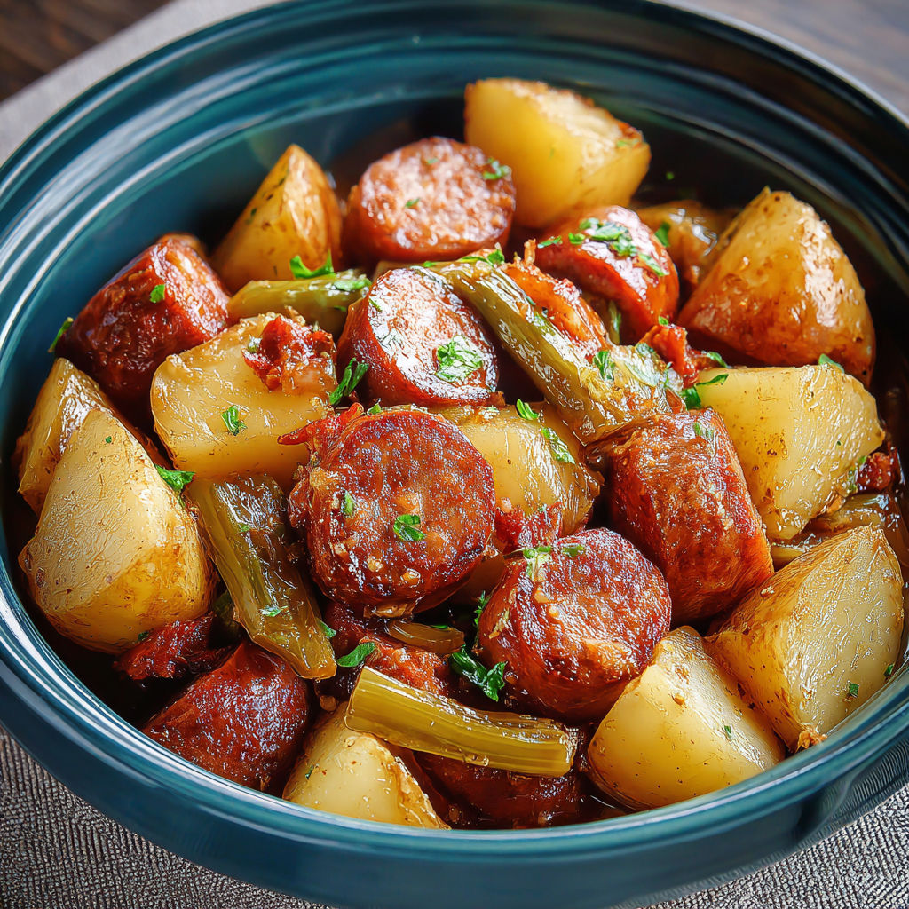 A bowl of food with sausage and potatoes.