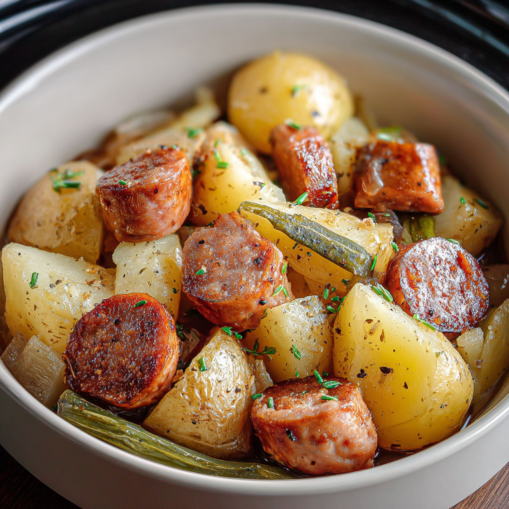 A bowl of food with sausage, potatoes, and green onions.