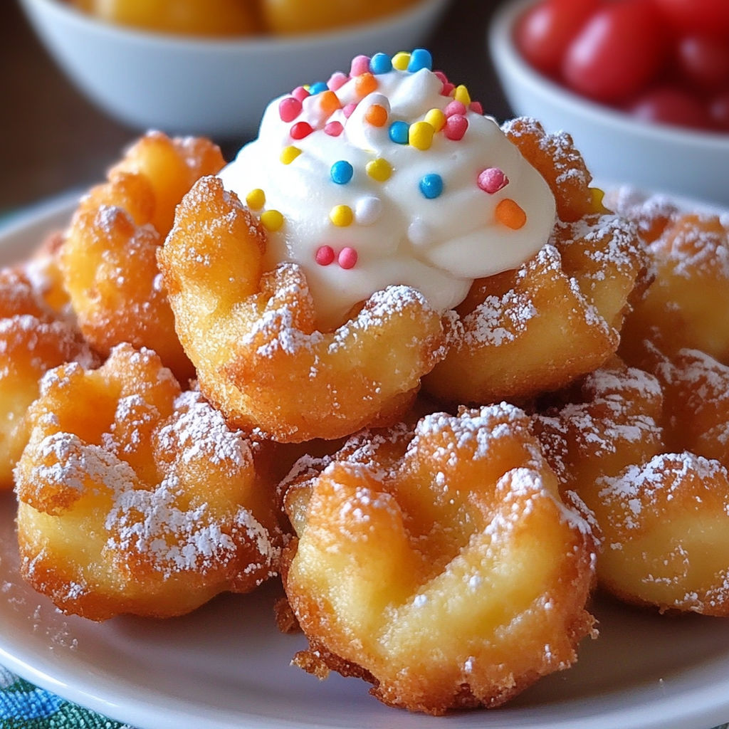 A plate of funnel cake bites with a dollop of whipped cream on top.