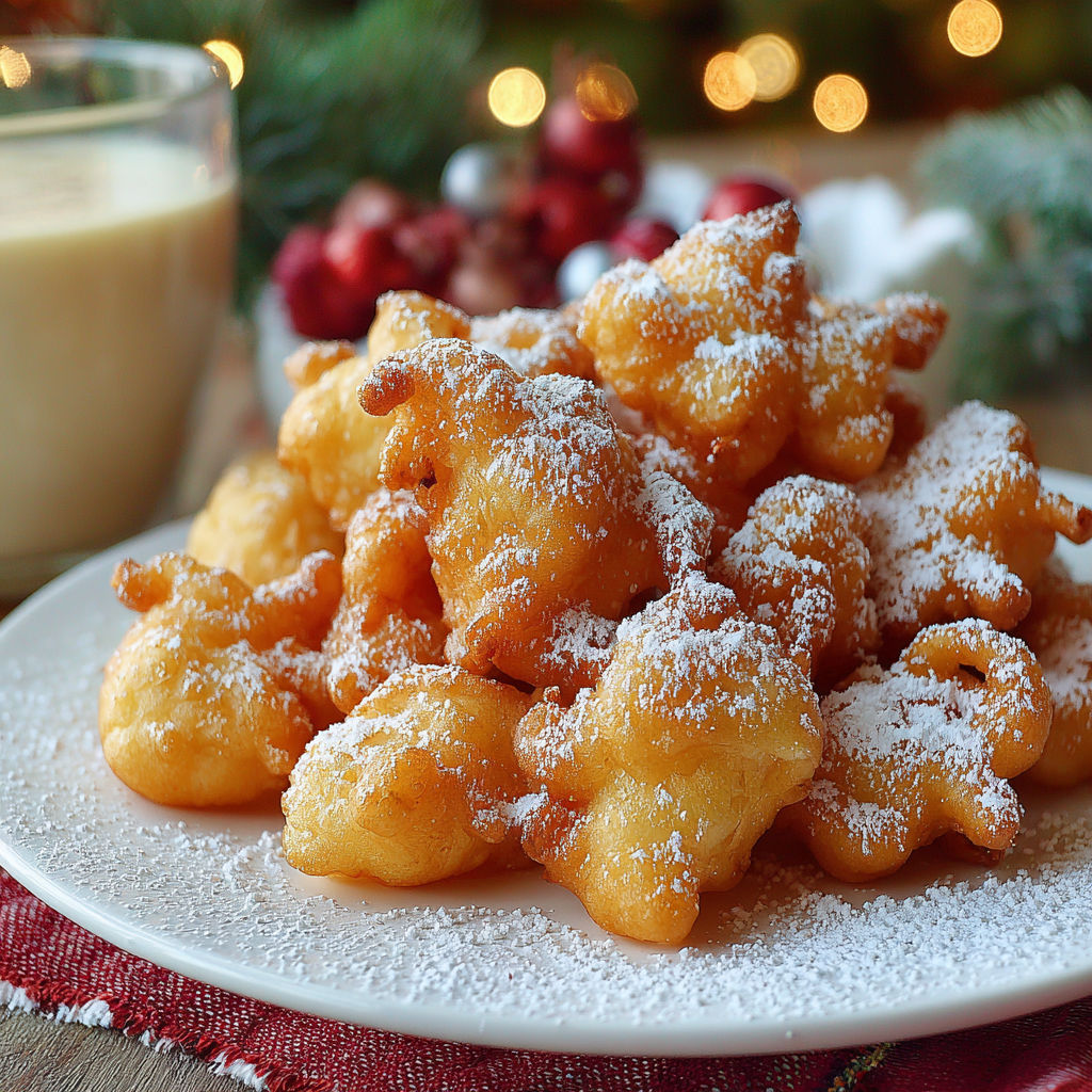A plate of funnel cake bites with powdered sugar.