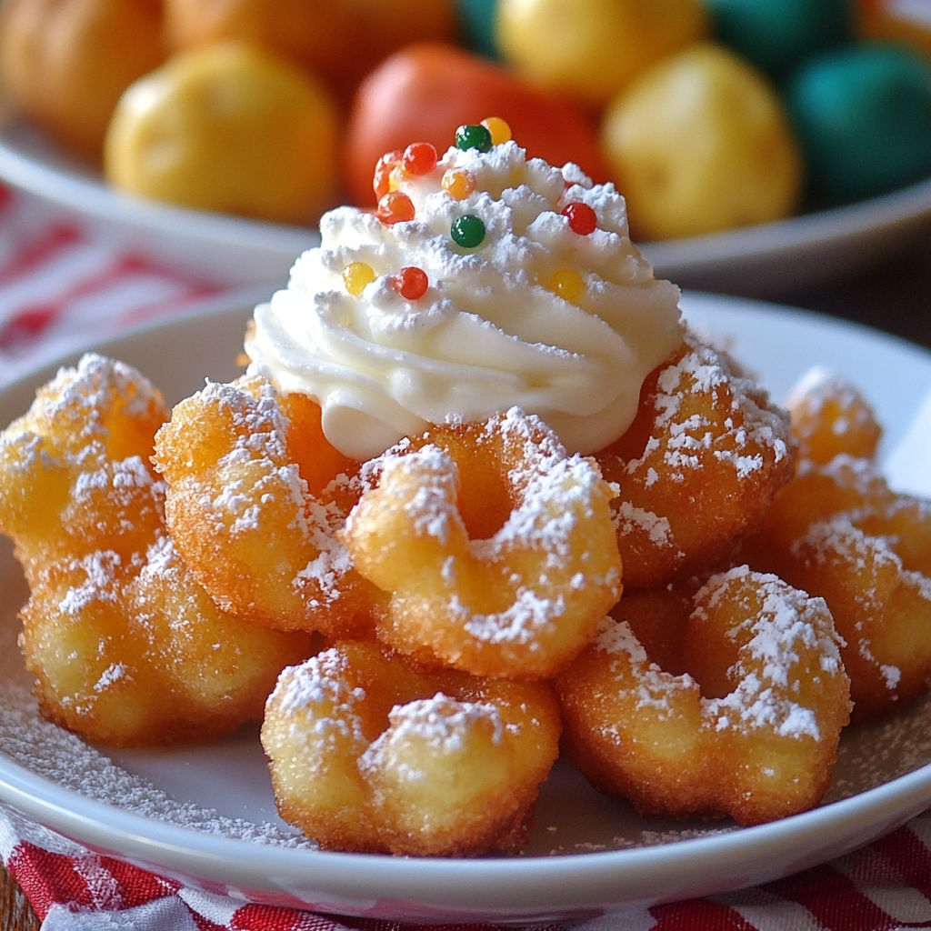 A plate of funnel cake bites with white powdered sugar on top.