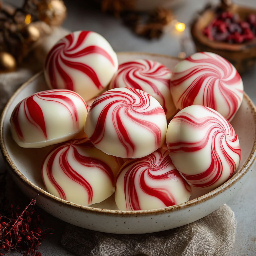 A bowl of red and white striped peppermints.