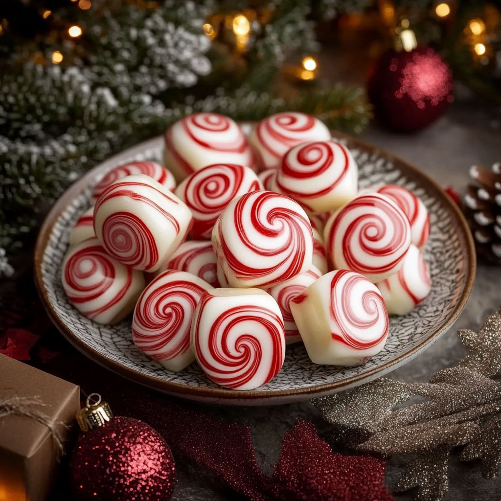 A plate of red and white striped candies.